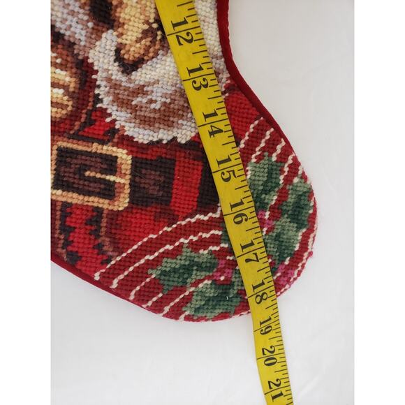 JL) Vintage Needlepoint Christmas Stocking Santa Holly Snow Red Velvet Lined 18" - Picture 6 of 6